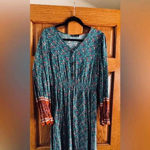 Floral Teal and Orange Women's Dress - Picture 2 of 6
